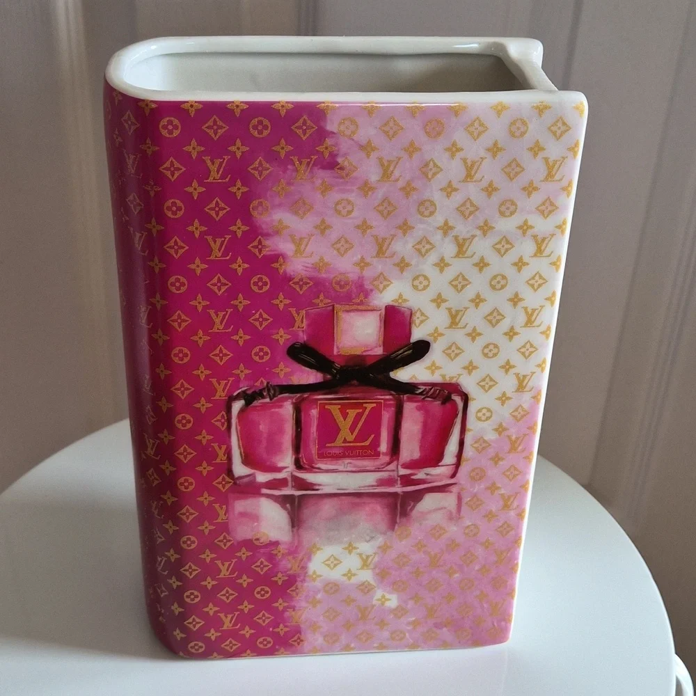 LV Themed Pink Ceramic Book Vase - Chic Home Deco